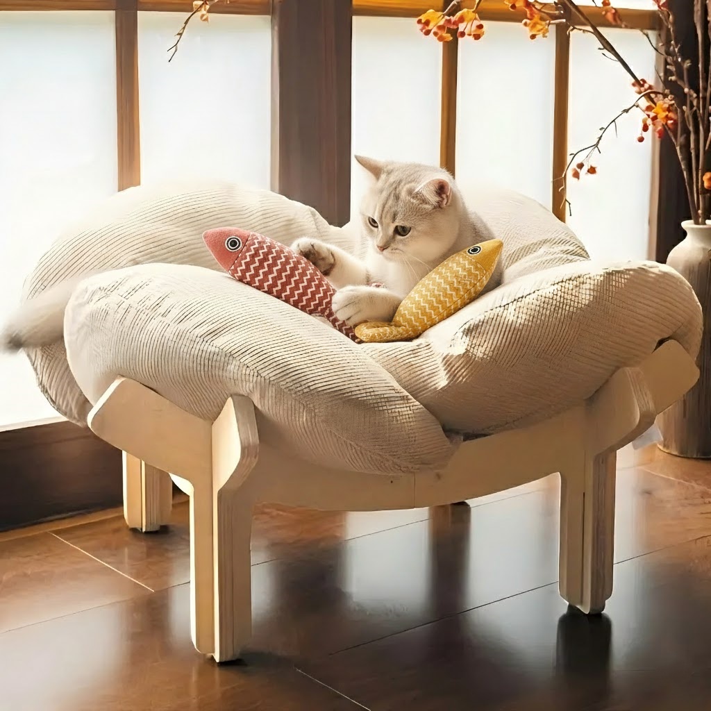 Furniture Hardware Tools - Padded Wooden Elevated Cat Bed Fluffy